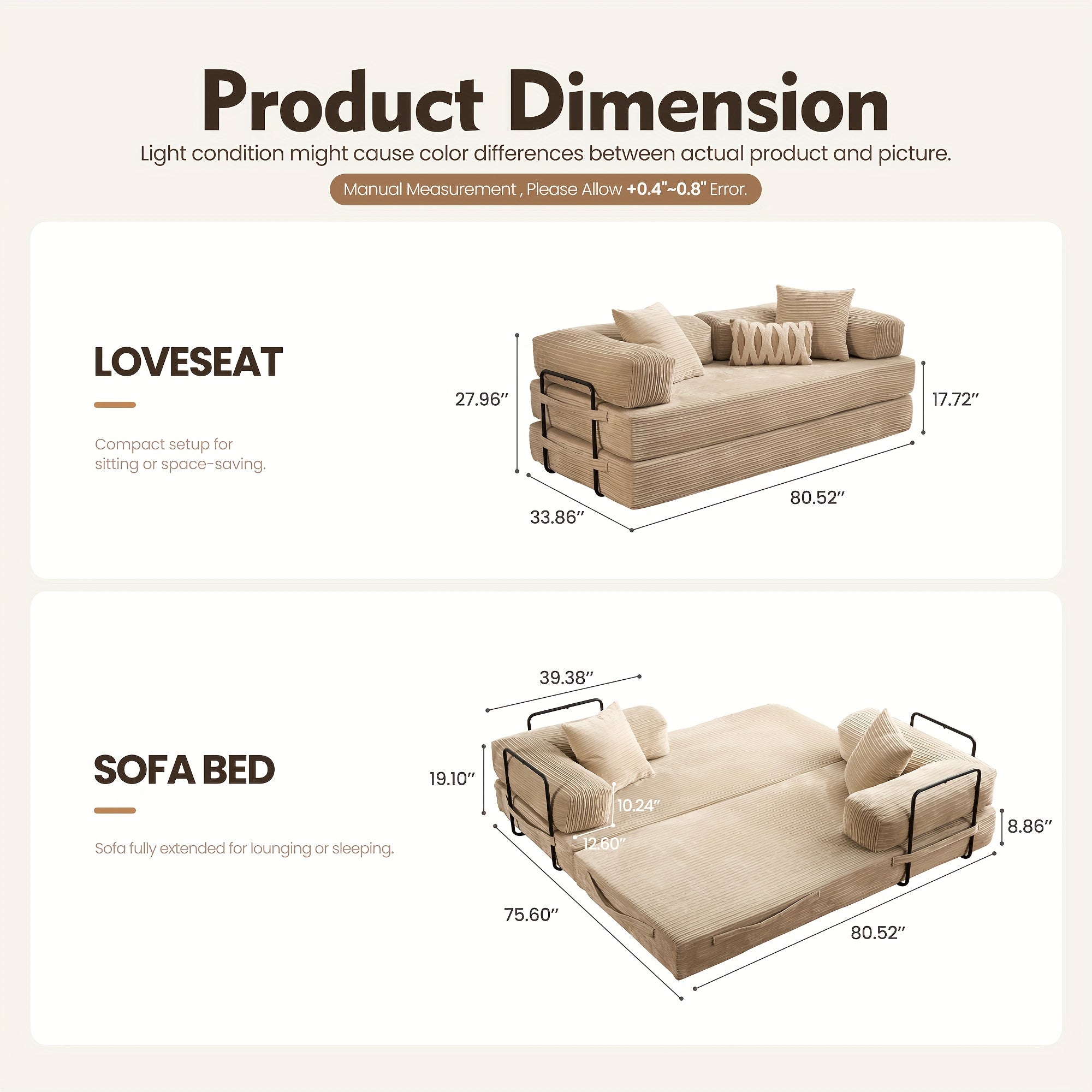 Folding Sofa Bed, Modern Floor Sofa with 2 Pillows, Convertible Corduroy Fabric Foam-Filled Sleeper Sofa Bed, 15\