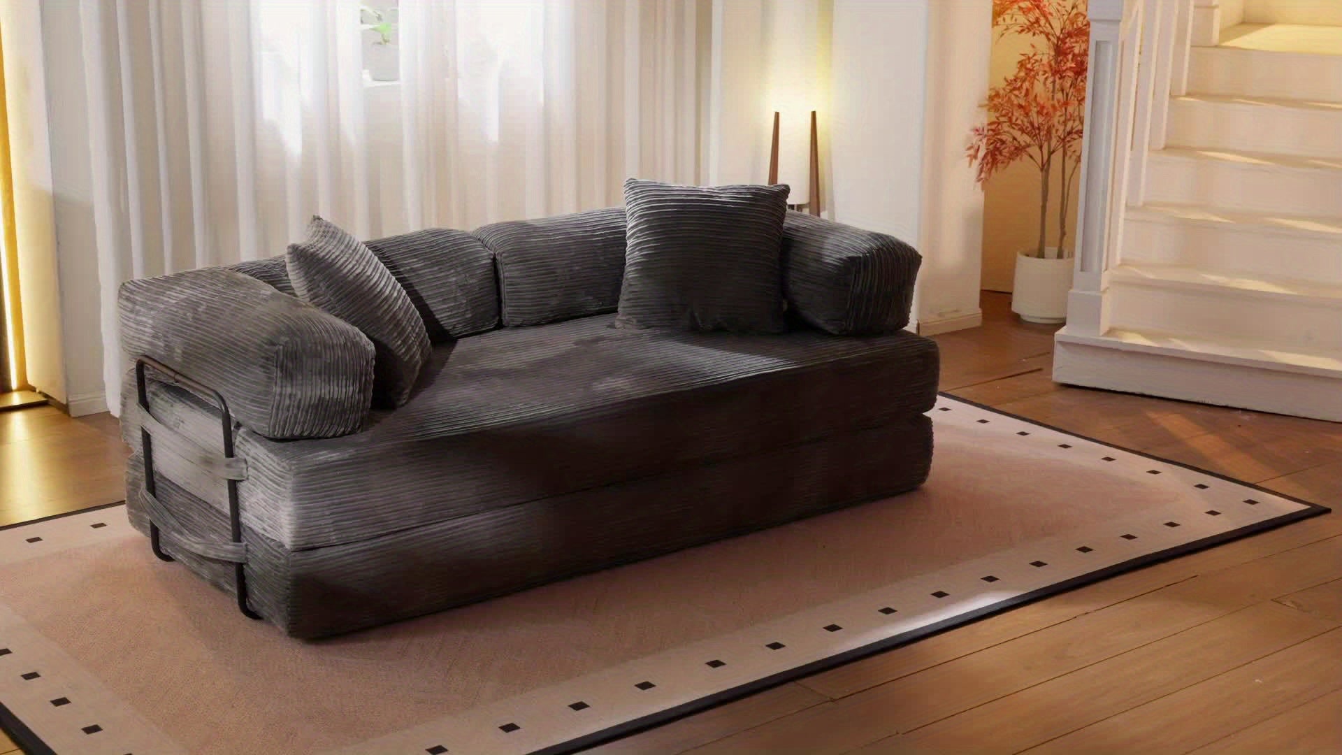 Folding Sofa Bed, Modern Floor Sofa with 2 Pillows, Convertible Corduroy Fabric Foam-Filled Sleeper Sofa Bed, 15\