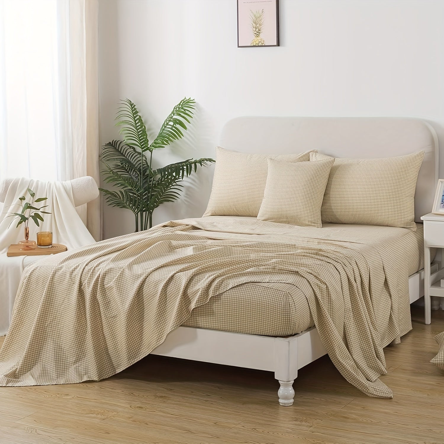 4pcs Soft Breathable Bedding Set - Brown Plaid Deep Pocket Twin\u002FFull\u002FQueen\u002FKing Size Sheets with 2 Pillowcases, 40 Thread Count, All-Season Comfort, Machine Washable