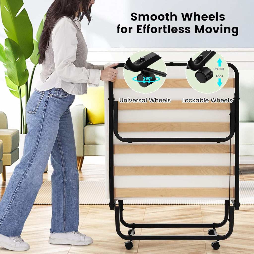 Costway Folding Bed with Mattress, Portable Foldable Bed w\u002FWood Bed Frame & 4 Memory Foam Mattress, Space Saving with Lockable Wheels, Rollaway Guest Bed for Adults
