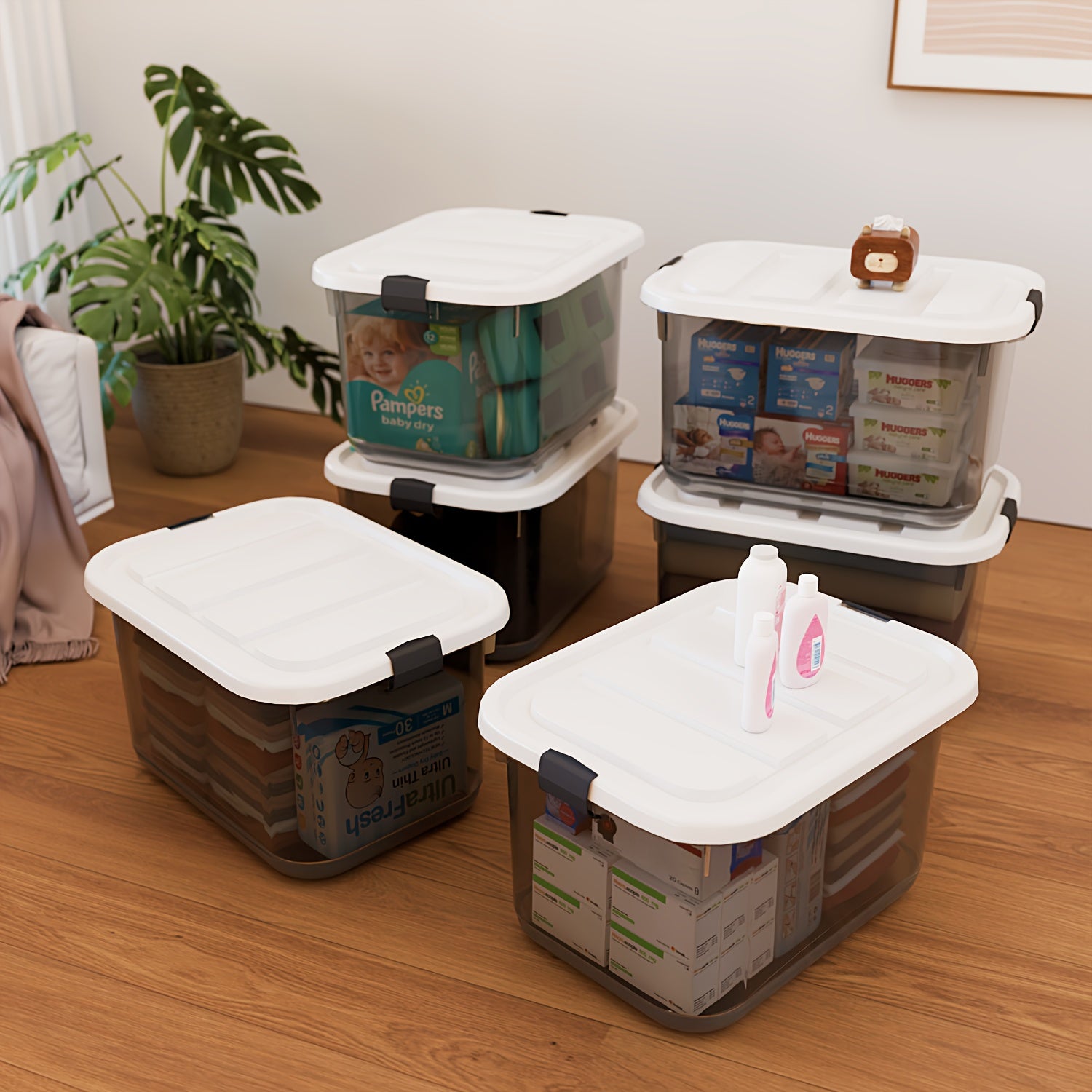 Stackable Storage Containers, 6\u002F4 Pack Clear Plastic Storage Boxes with Locking Buckles for Home Office Closet Organization, Heavy Duty And Space Saving Boxes, Multi-Purpose Locking Design, Closet Garage Kitchen Bathroom, Closet Storage System