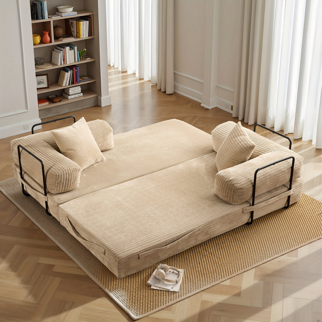 Folding Sofa Bed, Modern Floor Sofa with 2 Pillows, Convertible Corduroy Fabric Foam-Filled Sleeper Sofa Bed, 15\