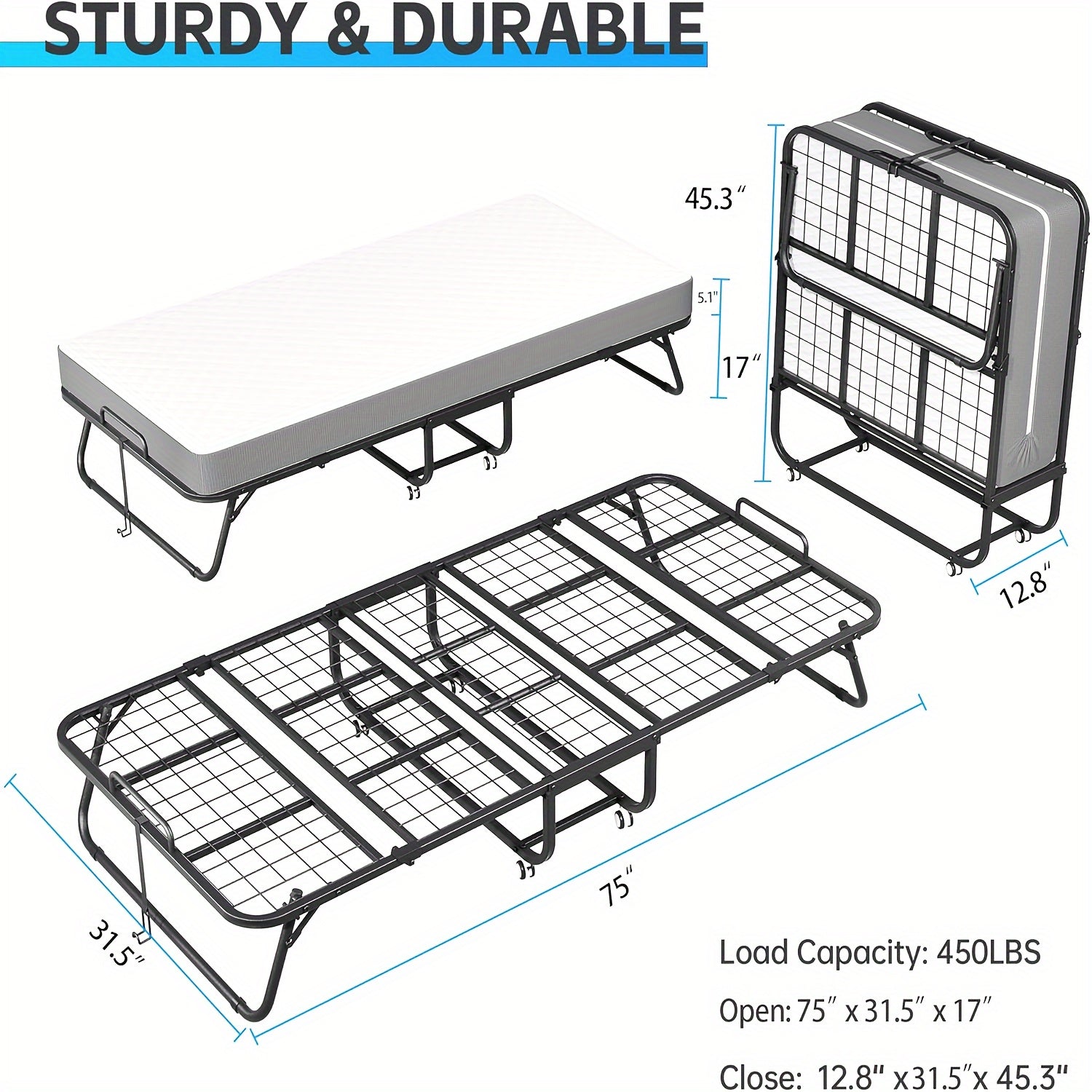 Folding Bed with Mattress, 75\