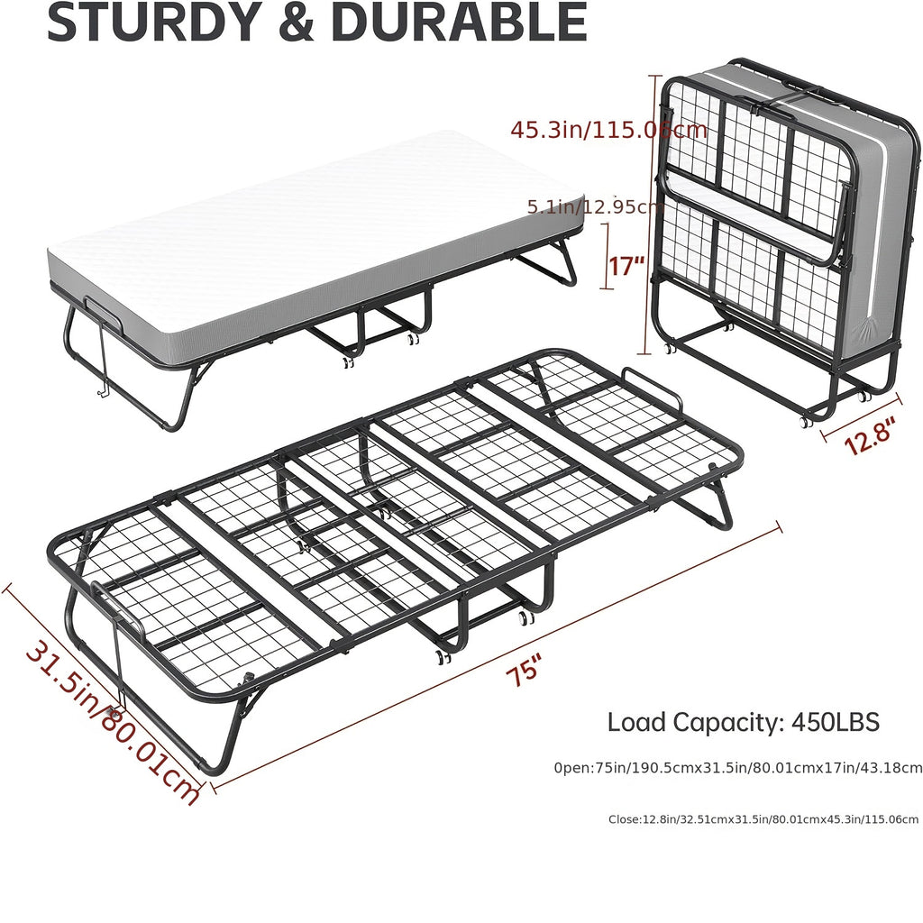 Compact & Durable 4-Section Folding Bed with Grey Fabric Cover - Sturdy Metal Frame, 75\