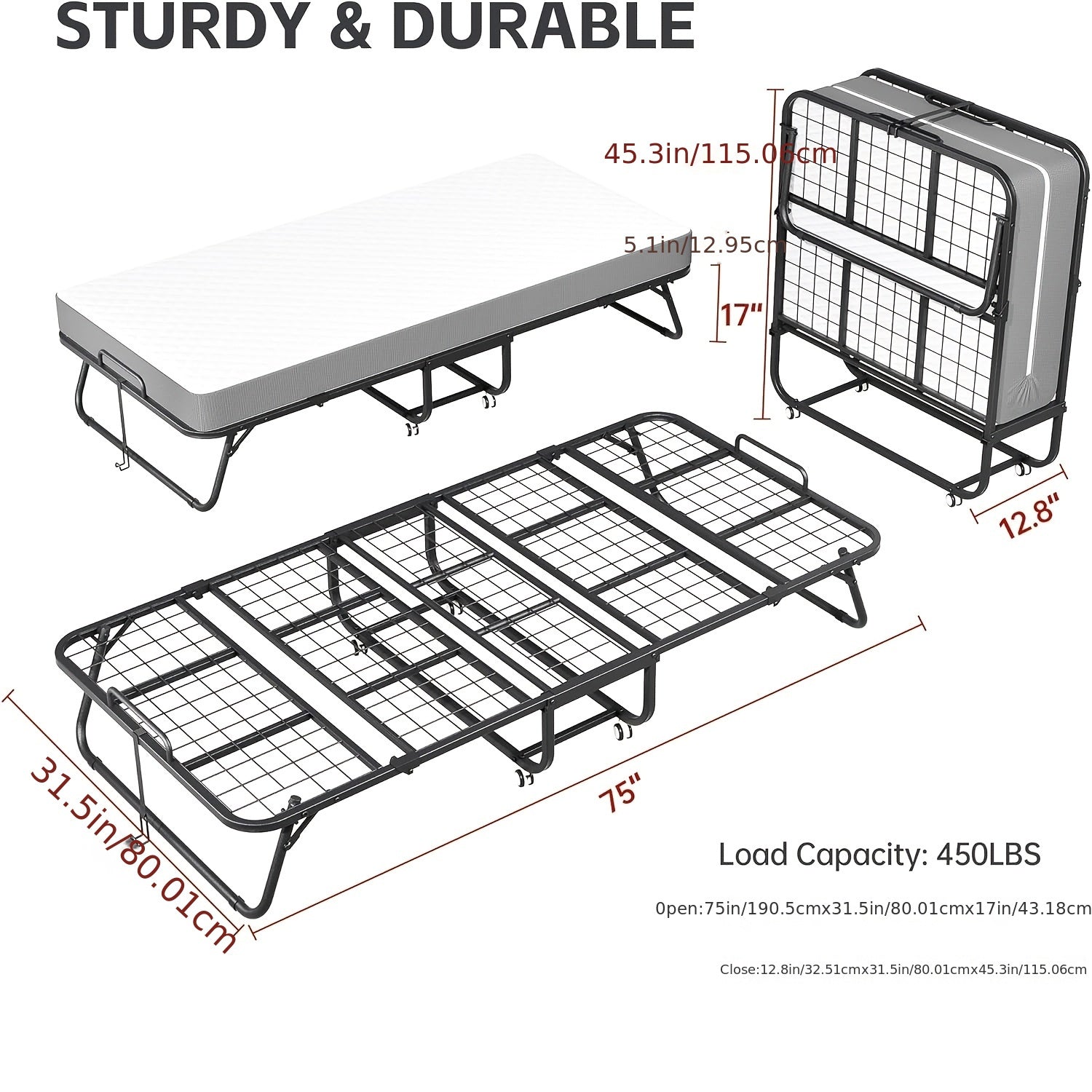 Compact & Durable 4-Section Folding Bed with Grey Fabric Cover - Sturdy Metal Frame, 75\