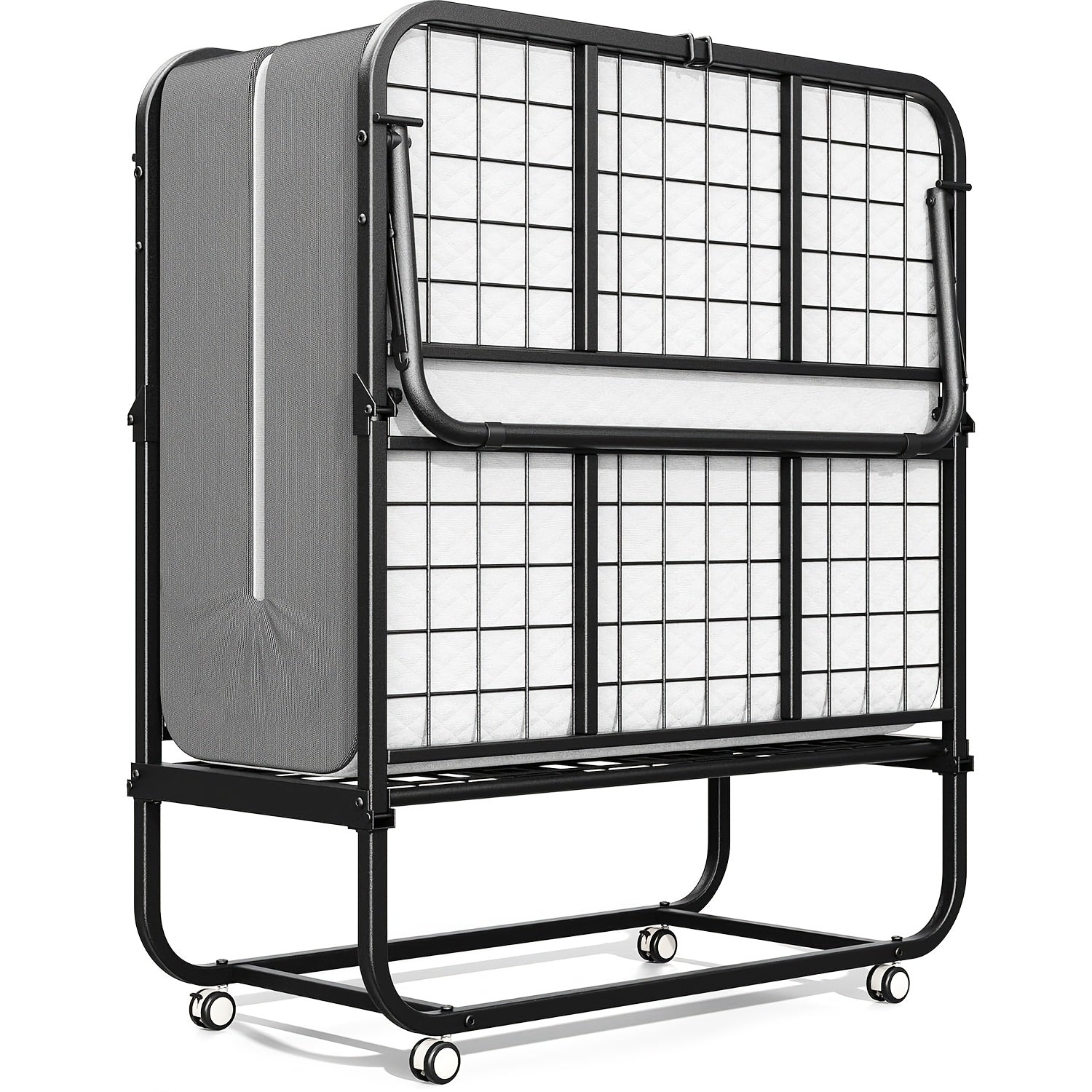 Compact & Durable 4-Section Folding Bed with Grey Fabric Cover - Sturdy Metal Frame, 75\