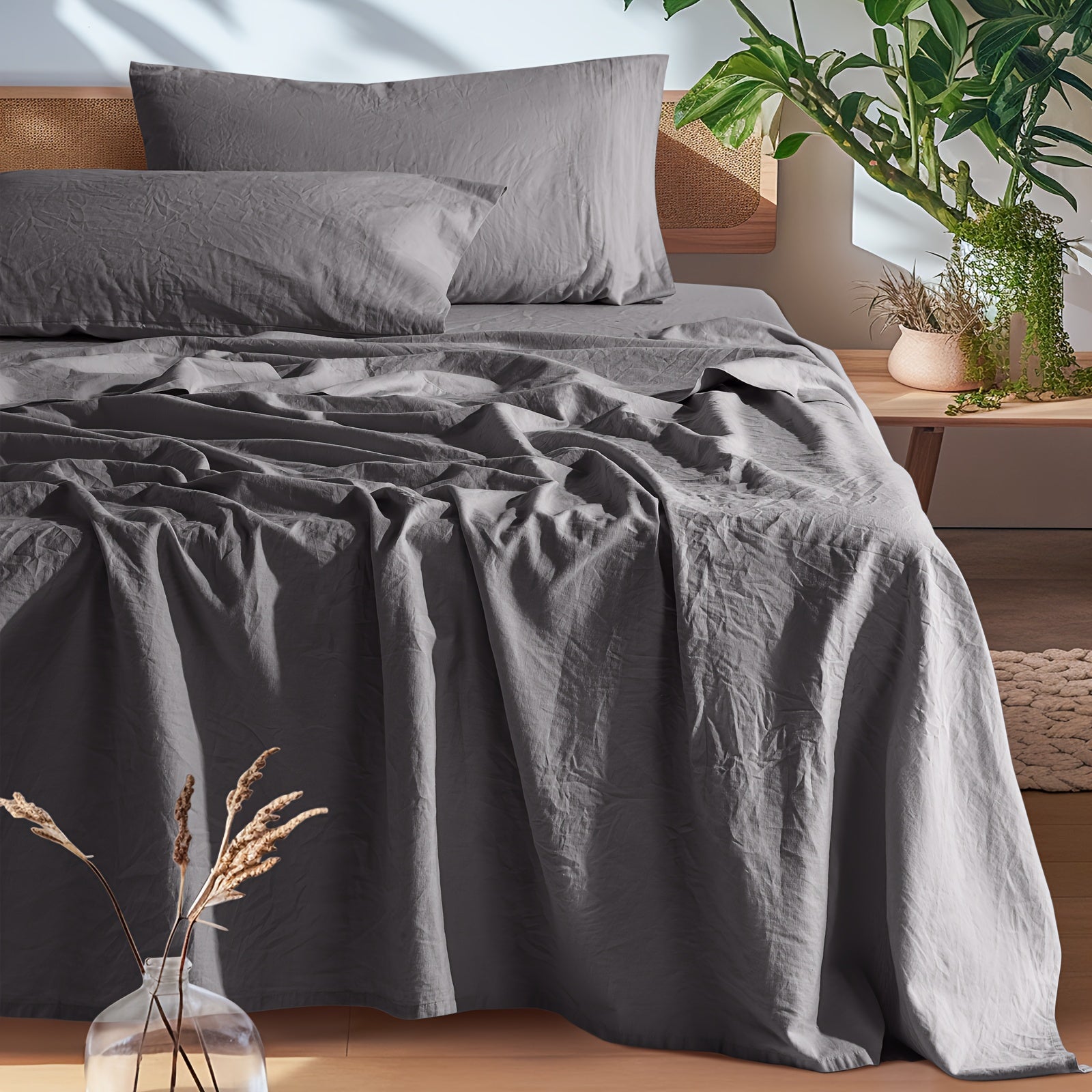 Set of Cotton And Linen Bed Sheets, 4pcs Bedding, Soft And Breathable Blend of Natural Flax And Cotton in Solid Colors, 16-Inch Deep Pocket, Suitable for All Seasons