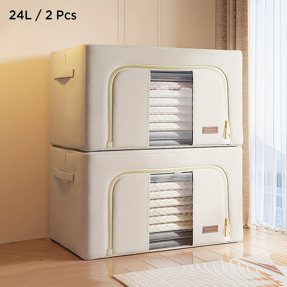Steel Frame Storage Bins with Reinforced Handle And Clear Window 2pcs Clothes Storage Bins - Foldable Metal Frame Storage Box - Stackable Linen Fabric Organizer Set with Carrying Handles And Clear Window, Under-Bed Storage