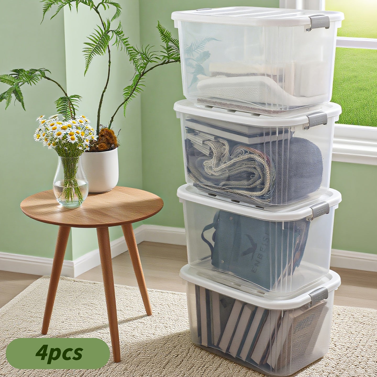 4-Pack Stackable Durable Plastic Storage Boxes | Durable Storage Boxes Clear, High-quality Storage Boxes with Handles and Flaps for Kitchen, Pantry, Bathroom, and Office Organization - Modern, Space-saving Design Storage Containers