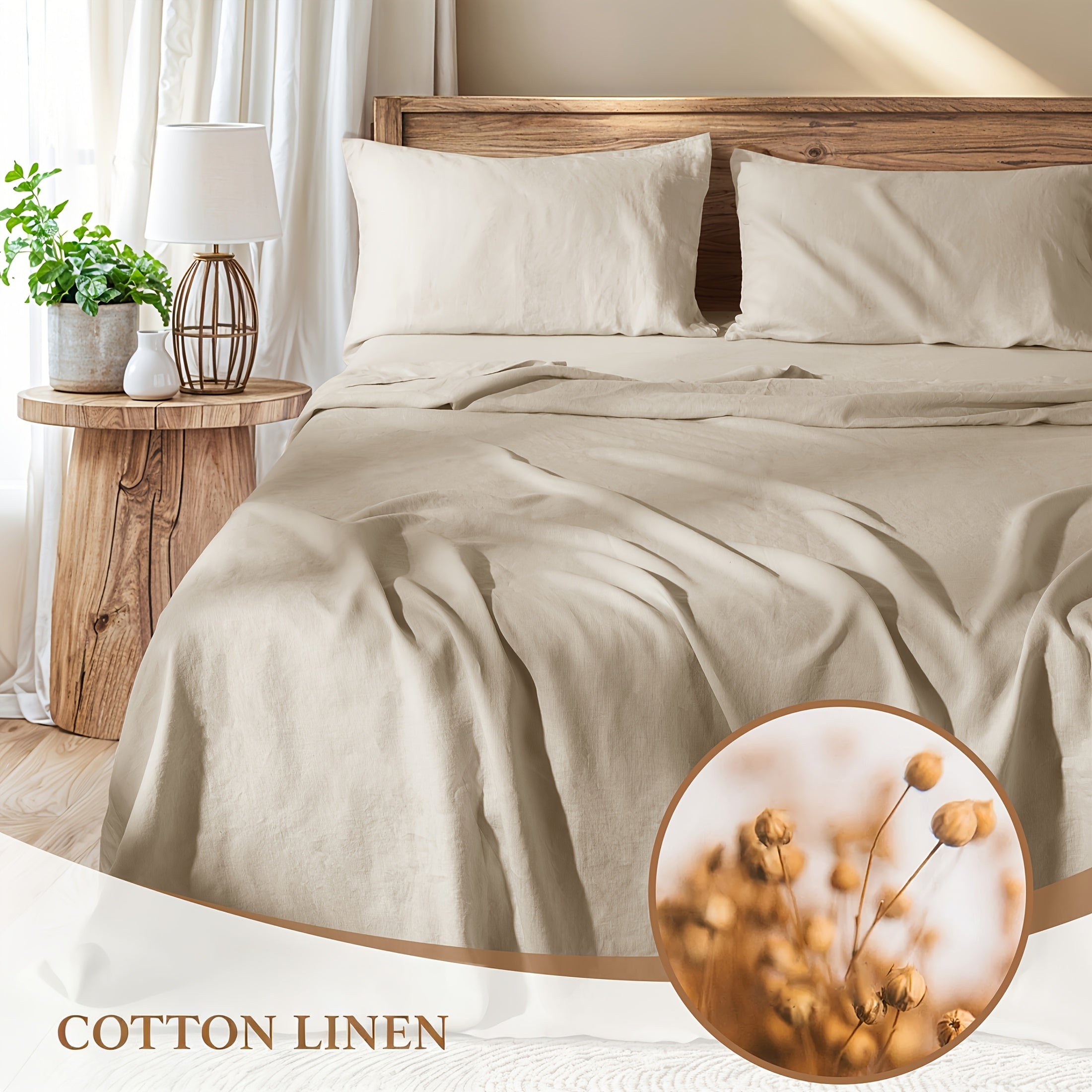 Set of Cotton And Linen Bed Sheets, 4pcs Bedding, Soft And Breathable Blend of Natural Flax And Cotton in Solid Colors, 16-Inch Deep Pocket, Suitable for All Seasons