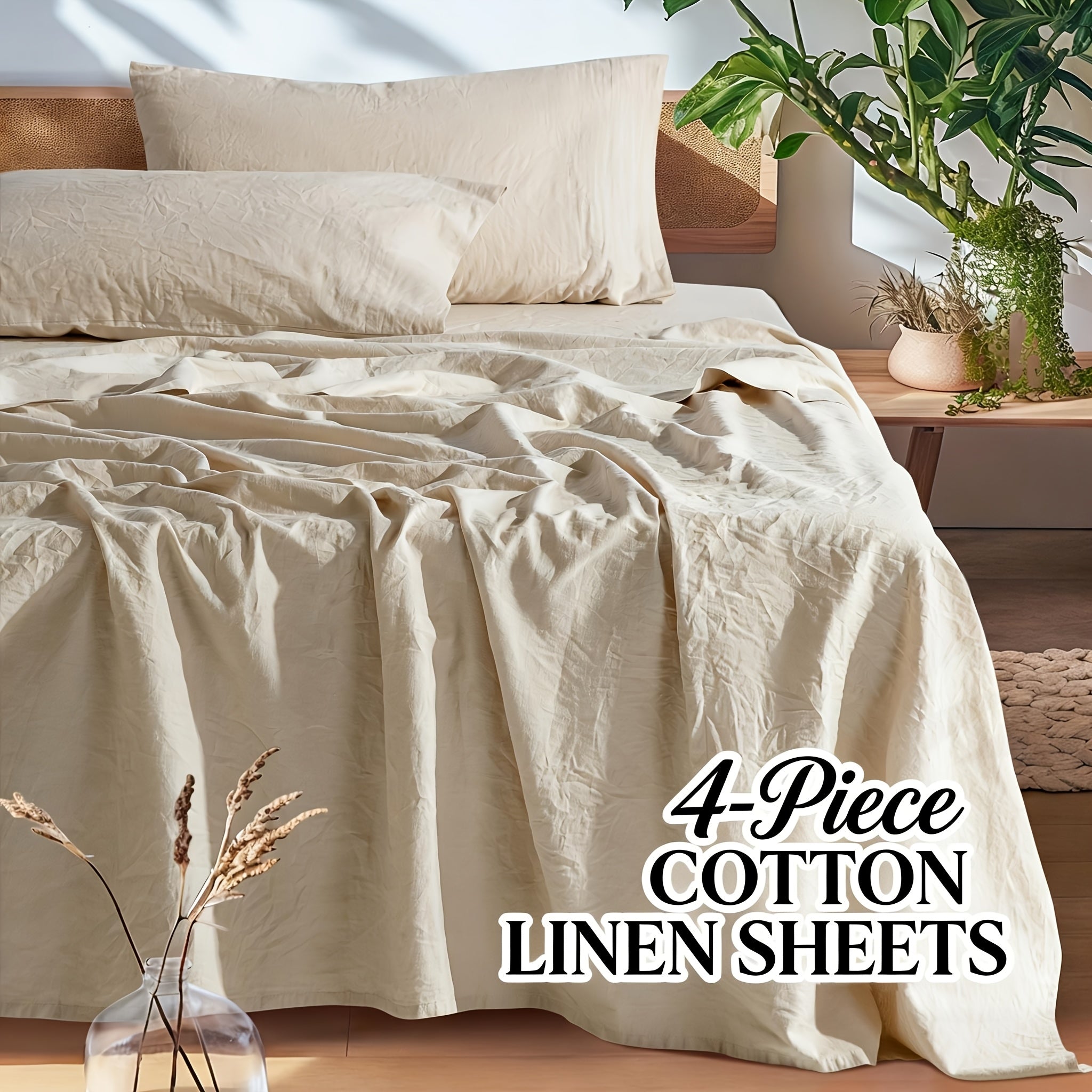 Set of Cotton And Linen Bed Sheets, 4pcs Bedding, Soft And Breathable Blend of Natural Flax And Cotton in Solid Colors, 16-Inch Deep Pocket, Suitable for All Seasons