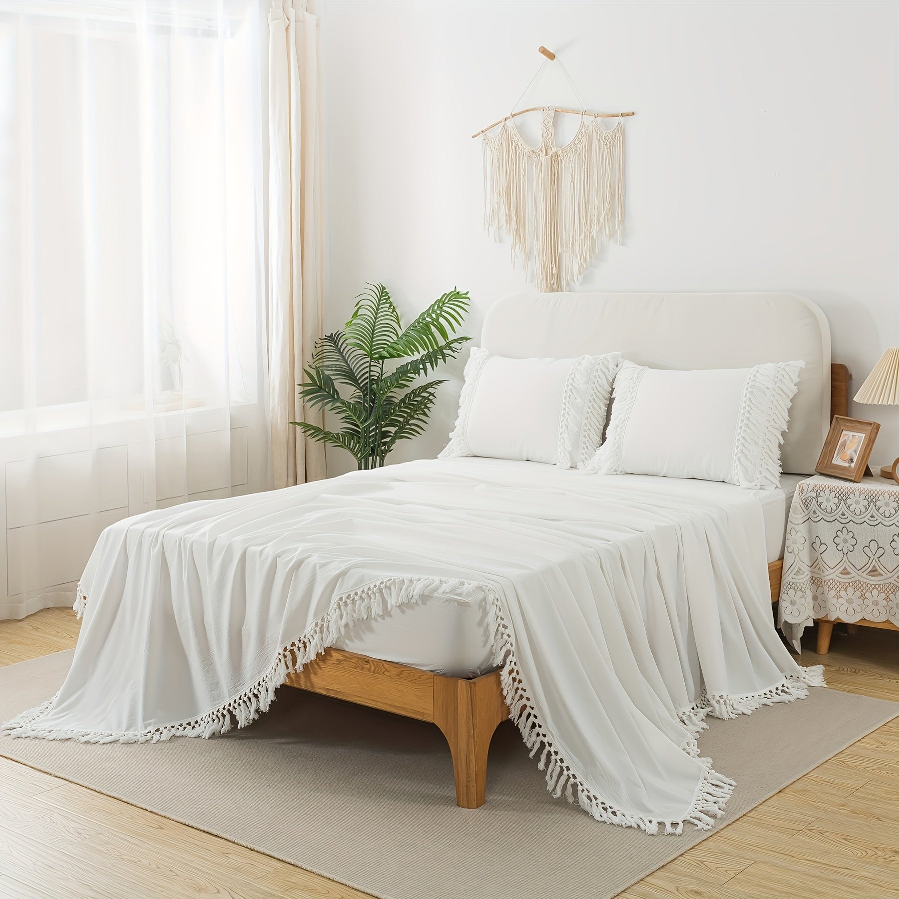 4Pcs 100% Washed Cotton Boho Style Candy Coffee Color Sheet Set, Shabby Decorative Tassels Chic Fitted Sheet Set, Soft Breathable Aesthetic Bed Sheets, Luxury Elegant House Bedding Set, (1 Flat Sheet, 1 Fitted Sheet, 2 Pillowcases)