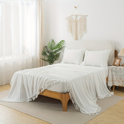 4Pcs 100% Washed Cotton Boho Style Candy Coffee Color Sheet Set, Shabby Decorative Tassels Chic Fitted Sheet Set, Soft Breathable Aesthetic Bed Sheets, Luxury Elegant House Bedding Set, (1 Flat Sheet, 1 Fitted Sheet, 2 Pillowcases)