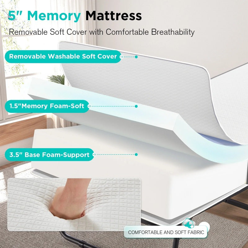 Folding Bed with a Metal Frame, Portable Guest Bed Featuring a 5-Inch Memory Foam Mattress, Designed to Save Space
