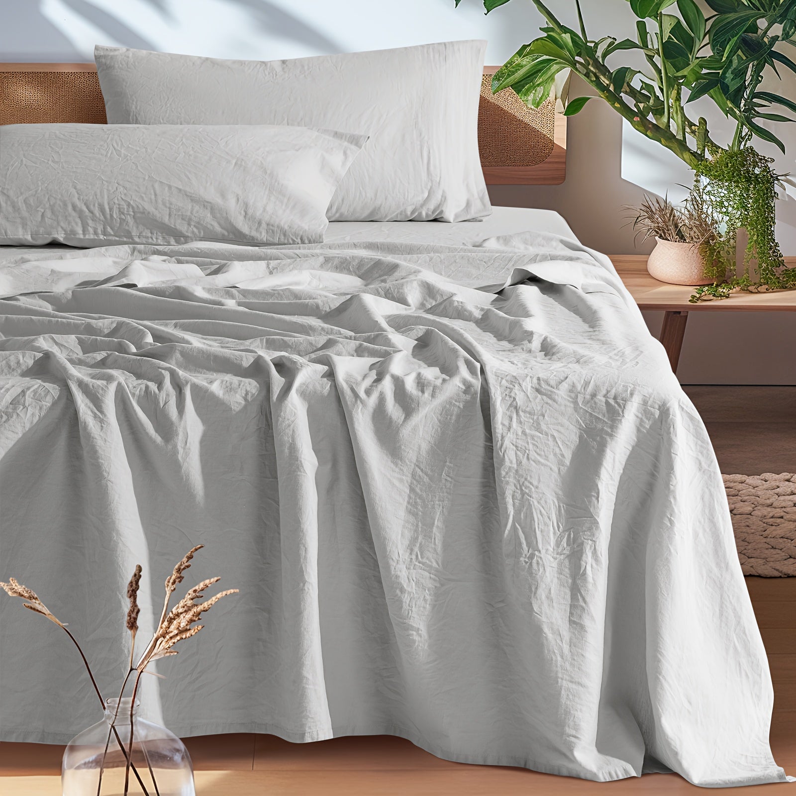 Set of Cotton And Linen Bed Sheets, 4pcs Bedding, Soft And Breathable Blend of Natural Flax And Cotton in Solid Colors, 16-Inch Deep Pocket, Suitable for All Seasons