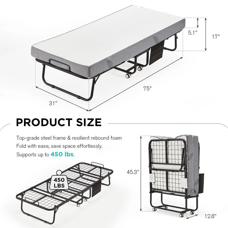 Folding Bed with a Metal Frame, Portable Guest Bed Featuring a 5-Inch Memory Foam Mattress, Designed to Save Space