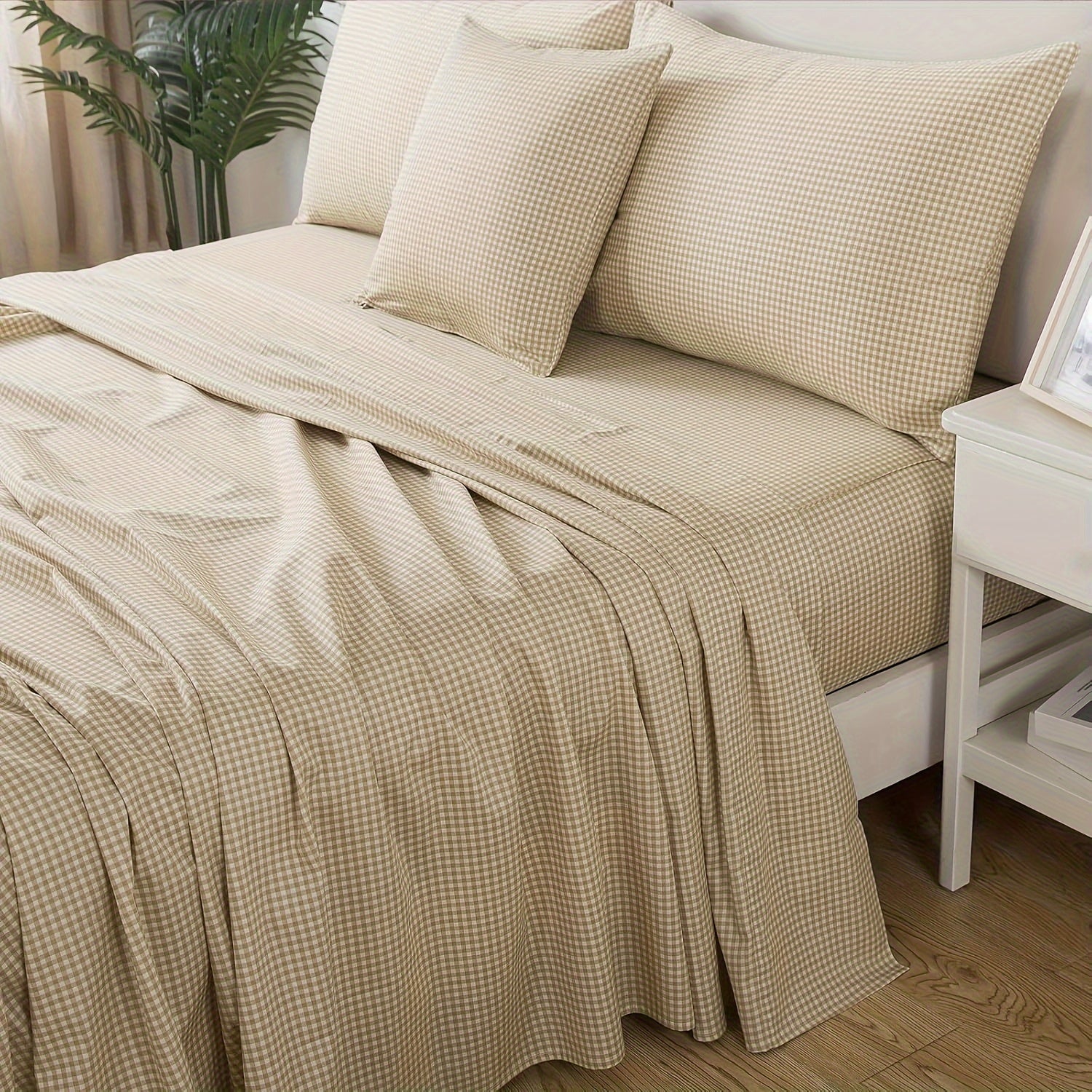 4pcs Soft Breathable Bedding Set - Brown Plaid Deep Pocket Twin\u002FFull\u002FQueen\u002FKing Size Sheets with 2 Pillowcases, 40 Thread Count, All-Season Comfort, Machine Washable