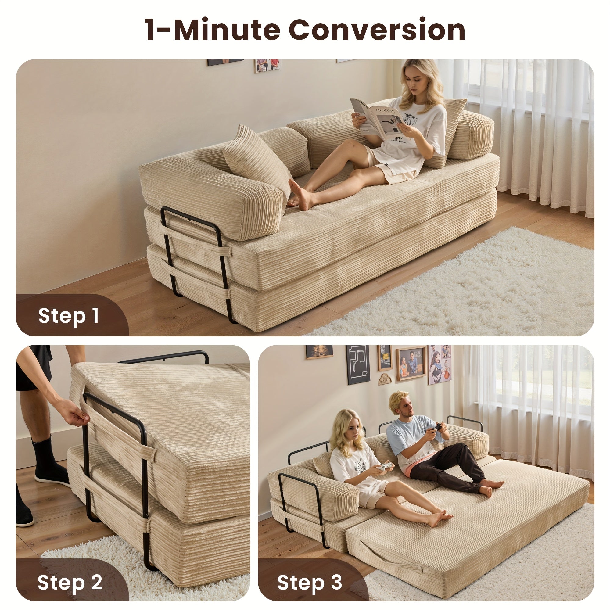 Folding Sofa Bed, Modern Floor Sofa with 2 Pillows, Convertible Corduroy Fabric Foam-Filled Sleeper Sofa Bed, 15\