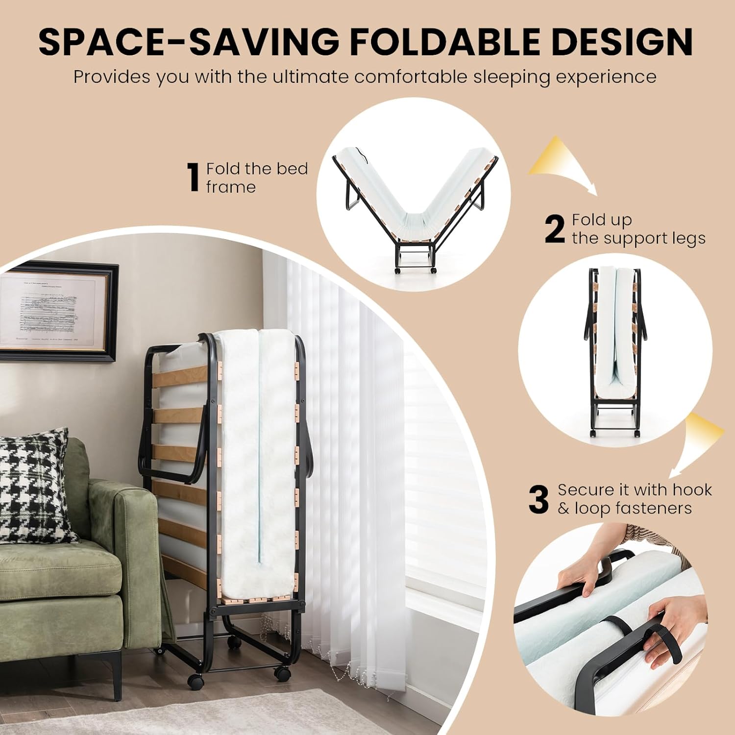 Costway Folding Bed with Mattress, Portable Foldable Bed w\u002FWood Bed Frame & 4 Memory Foam Mattress, Space Saving with Lockable Wheels, Rollaway Guest Bed for Adults