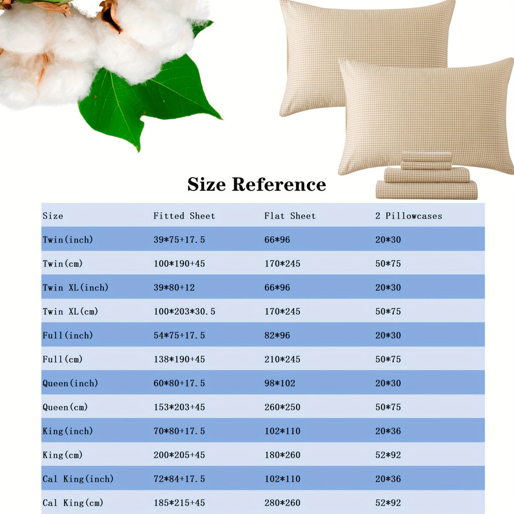 4pcs Soft Breathable Bedding Set - Brown Plaid Deep Pocket Twin\u002FFull\u002FQueen\u002FKing Size Sheets with 2 Pillowcases, 40 Thread Count, All-Season Comfort, Machine Washable