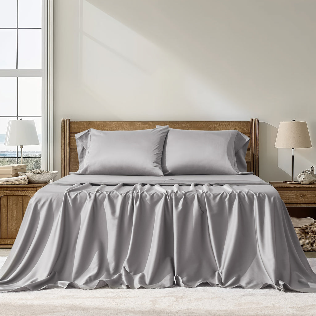 EVERGRACE Cotton Tencel Queen King Size Cooling Sheet Set for Hot Sleepers, 4pcs Silky Luxurious Soft Eucalyptus Lyocell Bedding Set, 1 Flat Sheet, 1 Deep Pocket Fitted Sheet, 2 Shams