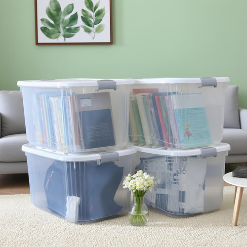 4-Pack Stackable Durable Plastic Storage Boxes | Durable Storage Boxes Clear, High-quality Storage Boxes with Handles and Flaps for Kitchen, Pantry, Bathroom, and Office Organization - Modern, Space-saving Design Storage Containers