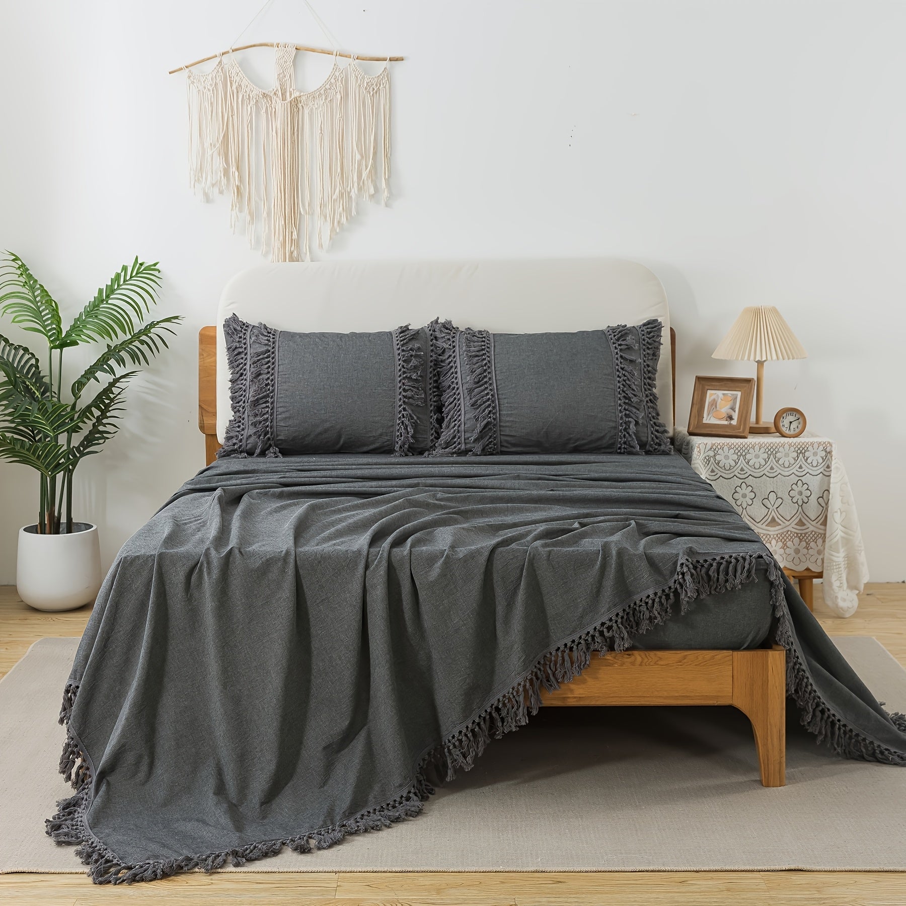 4Pcs 100% Washed Cotton Boho Style Candy Coffee Color Sheet Set, Shabby Decorative Tassels Chic Fitted Sheet Set, Soft Breathable Aesthetic Bed Sheets, Luxury Elegant House Bedding Set, (1 Flat Sheet, 1 Fitted Sheet, 2 Pillowcases)