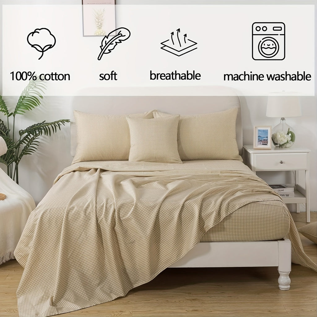 4pcs Soft Breathable Bedding Set - Brown Plaid Deep Pocket Twin\u002FFull\u002FQueen\u002FKing Size Sheets with 2 Pillowcases, 40 Thread Count, All-Season Comfort, Machine Washable