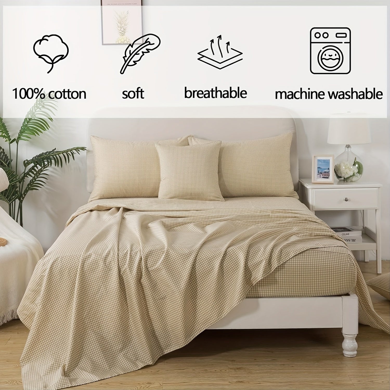 4pcs Soft Breathable Bedding Set - Brown Plaid Deep Pocket Twin\u002FFull\u002FQueen\u002FKing Size Sheets with 2 Pillowcases, 40 Thread Count, All-Season Comfort, Machine Washable