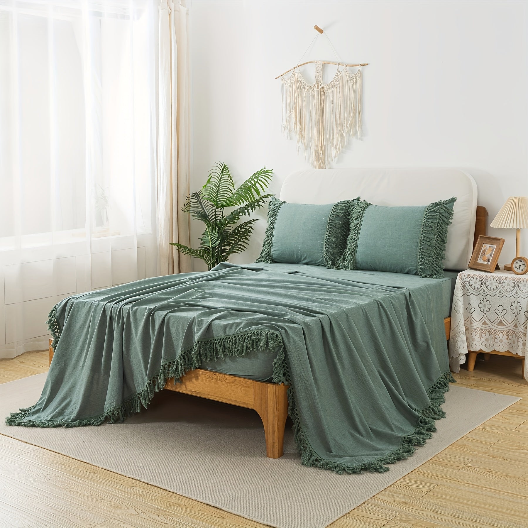 4Pcs 100% Washed Cotton Boho Style Candy Coffee Color Sheet Set, Shabby Decorative Tassels Chic Fitted Sheet Set, Soft Breathable Aesthetic Bed Sheets, Luxury Elegant House Bedding Set, (1 Flat Sheet, 1 Fitted Sheet, 2 Pillowcases)