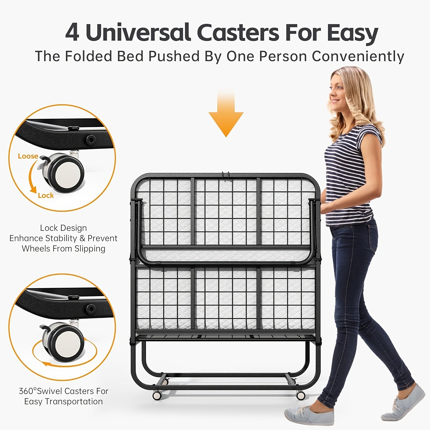 Compact & Durable 4-Section Folding Bed with Grey Fabric Cover - Sturdy Metal Frame, 75\