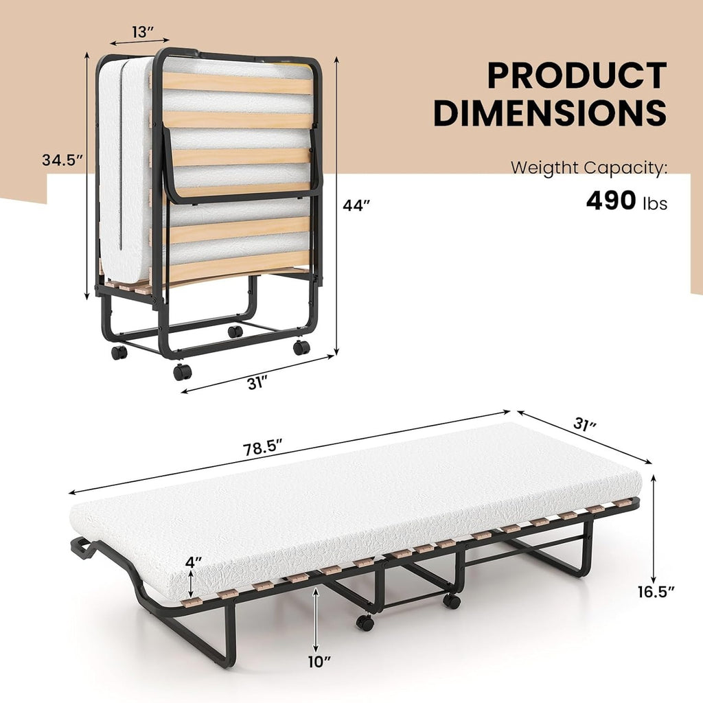 Costway Folding Bed with Mattress, Portable Foldable Bed w\u002FWood Bed Frame & 4 Memory Foam Mattress, Space Saving with Lockable Wheels, Rollaway Guest Bed for Adults