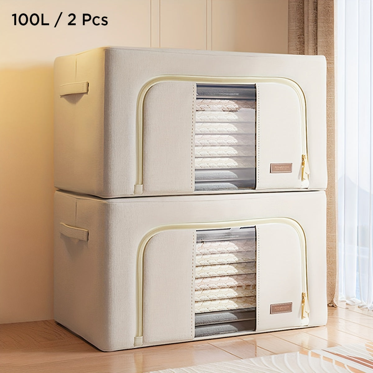 Steel Frame Storage Bins with Reinforced Handle And Clear Window 2pcs Clothes Storage Bins - Foldable Metal Frame Storage Box - Stackable Linen Fabric Organizer Set with Carrying Handles And Clear Window, Under-Bed Storage