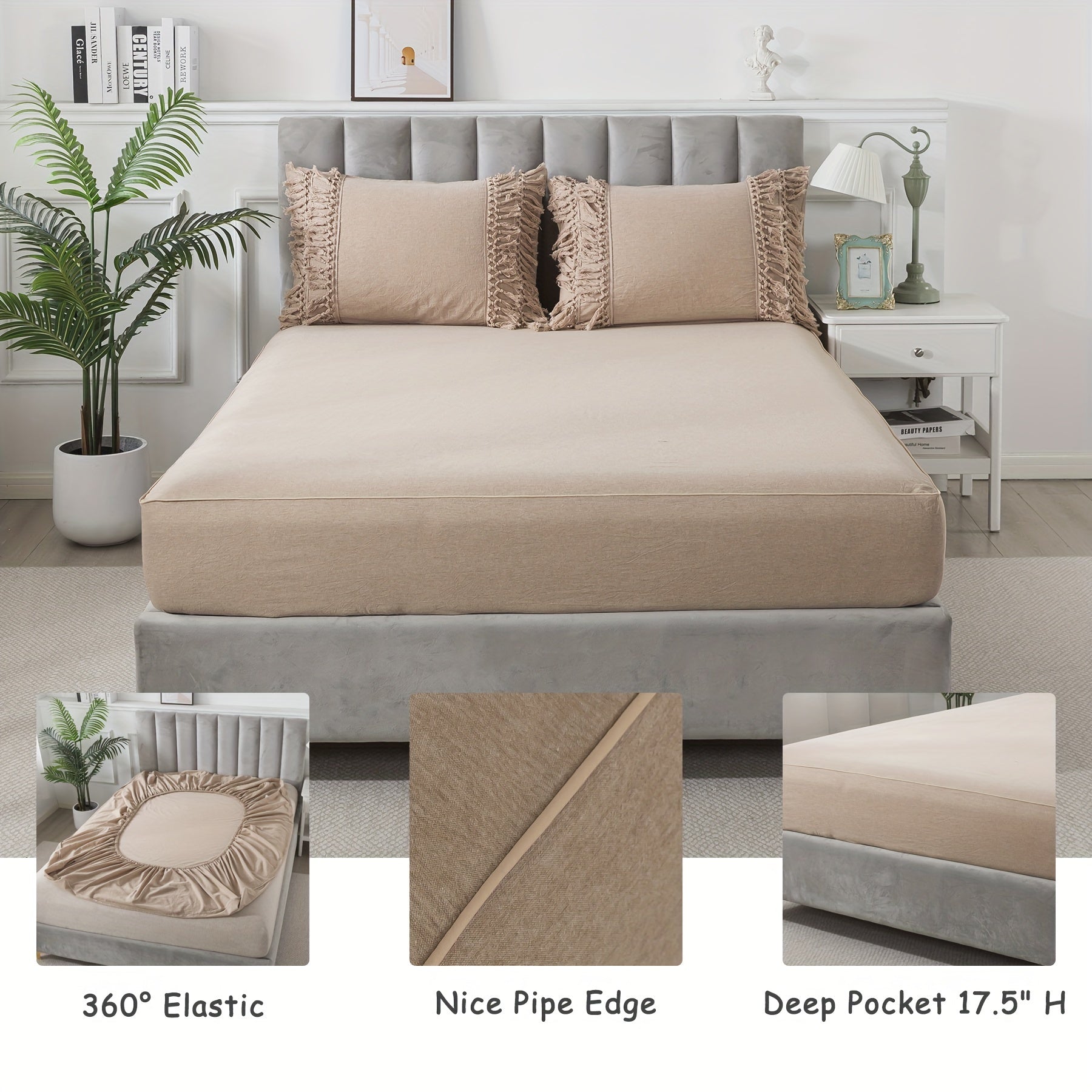 4Pcs 100% Washed Cotton Boho Style Candy Coffee Color Sheet Set, Shabby Decorative Tassels Chic Fitted Sheet Set, Soft Breathable Aesthetic Bed Sheets, Luxury Elegant House Bedding Set, (1 Flat Sheet, 1 Fitted Sheet, 2 Pillowcases)