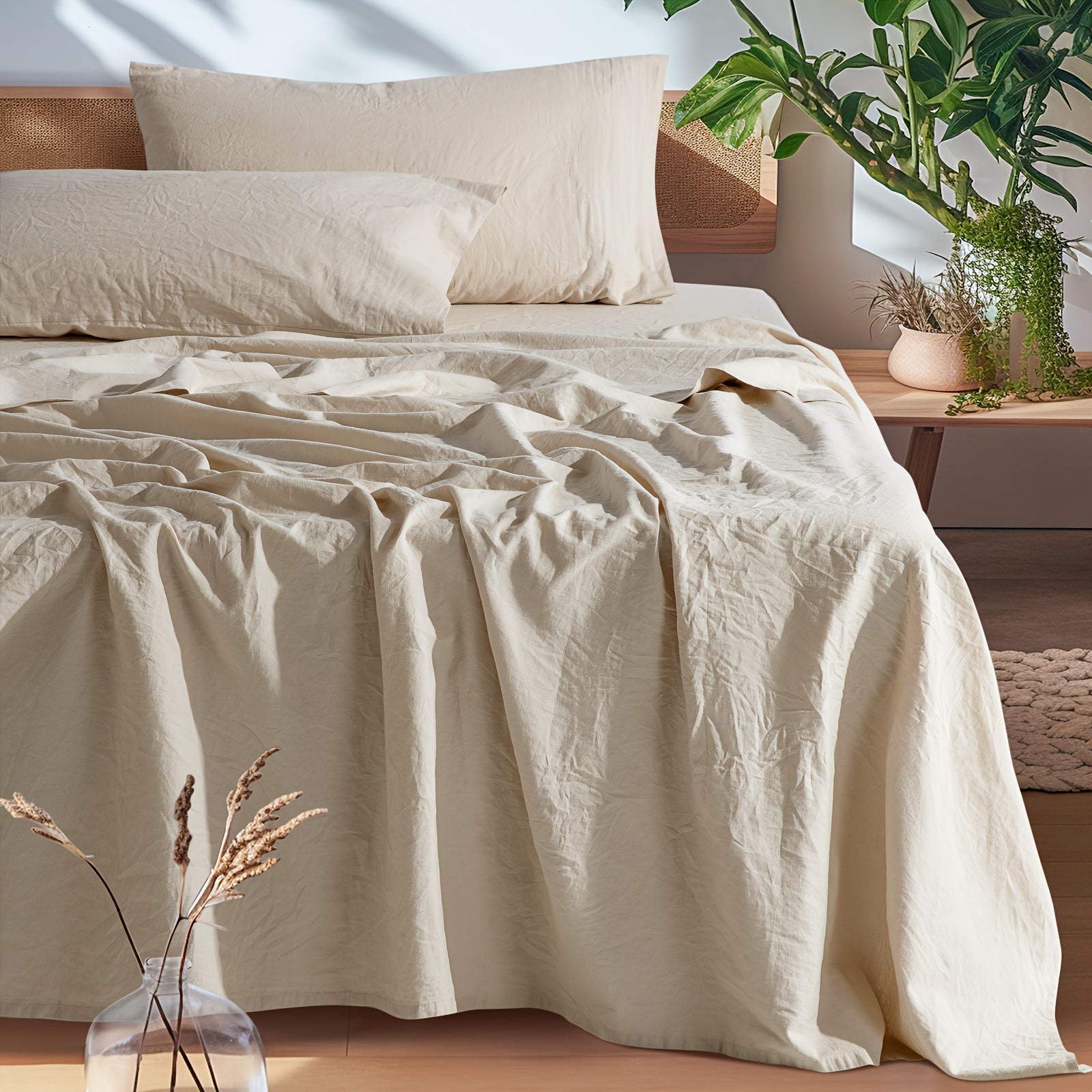 Set of Cotton And Linen Bed Sheets, 4pcs Bedding, Soft And Breathable Blend of Natural Flax And Cotton in Solid Colors, 16-Inch Deep Pocket, Suitable for All Seasons