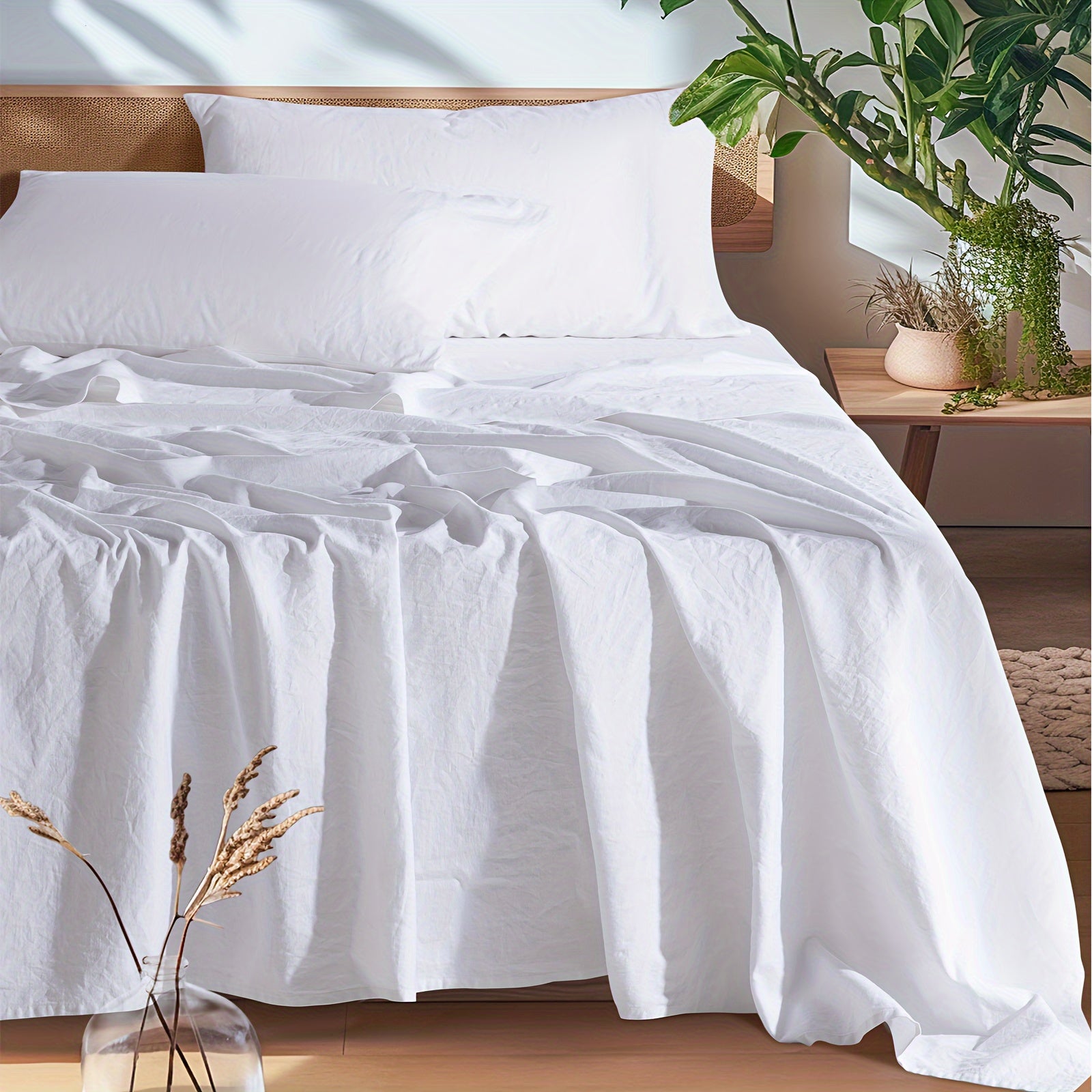 Set of Cotton And Linen Bed Sheets, 4pcs Bedding, Soft And Breathable Blend of Natural Flax And Cotton in Solid Colors, 16-Inch Deep Pocket, Suitable for All Seasons