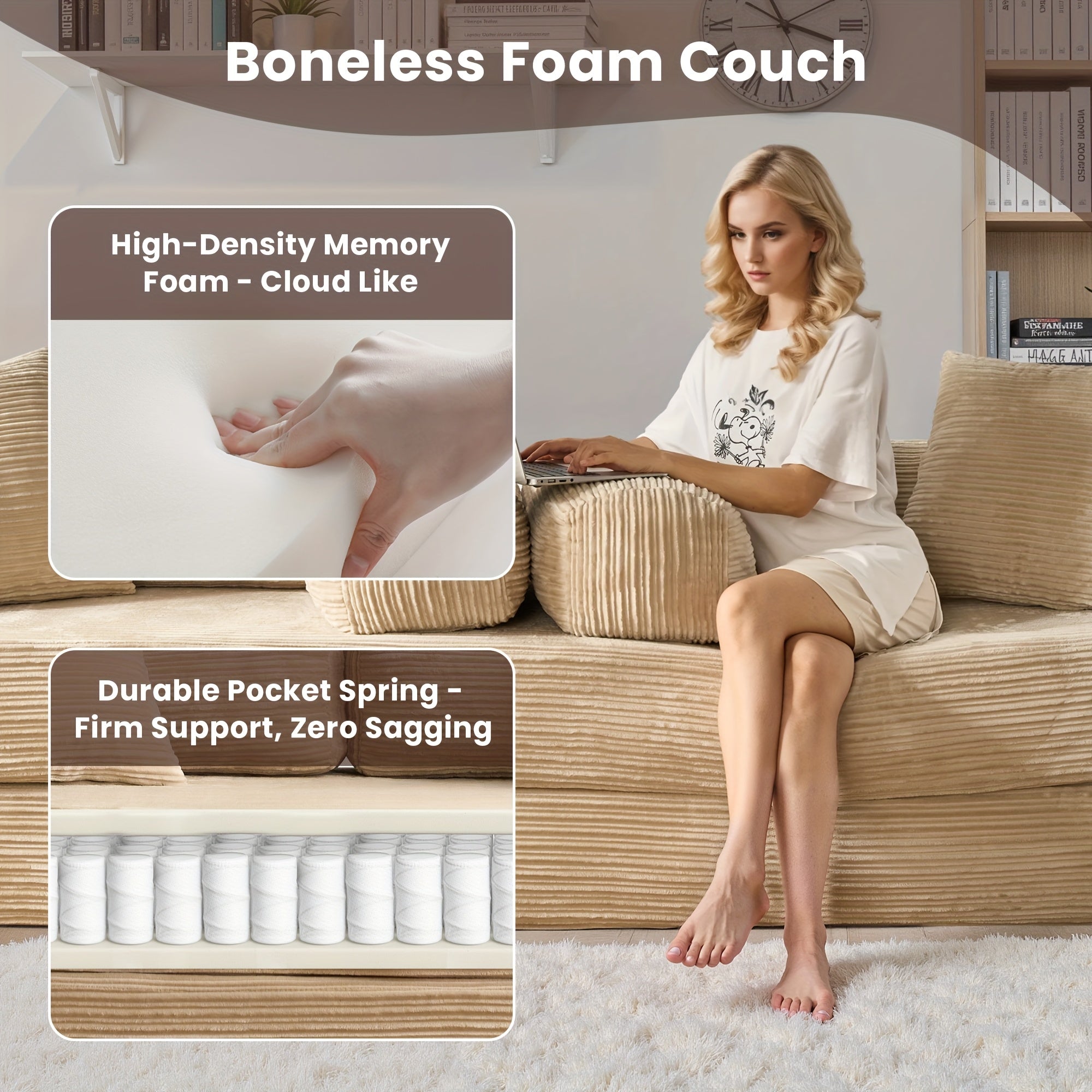 Folding Sofa Bed, Modern Floor Sofa with 2 Pillows, Convertible Corduroy Fabric Foam-Filled Sleeper Sofa Bed, 15\