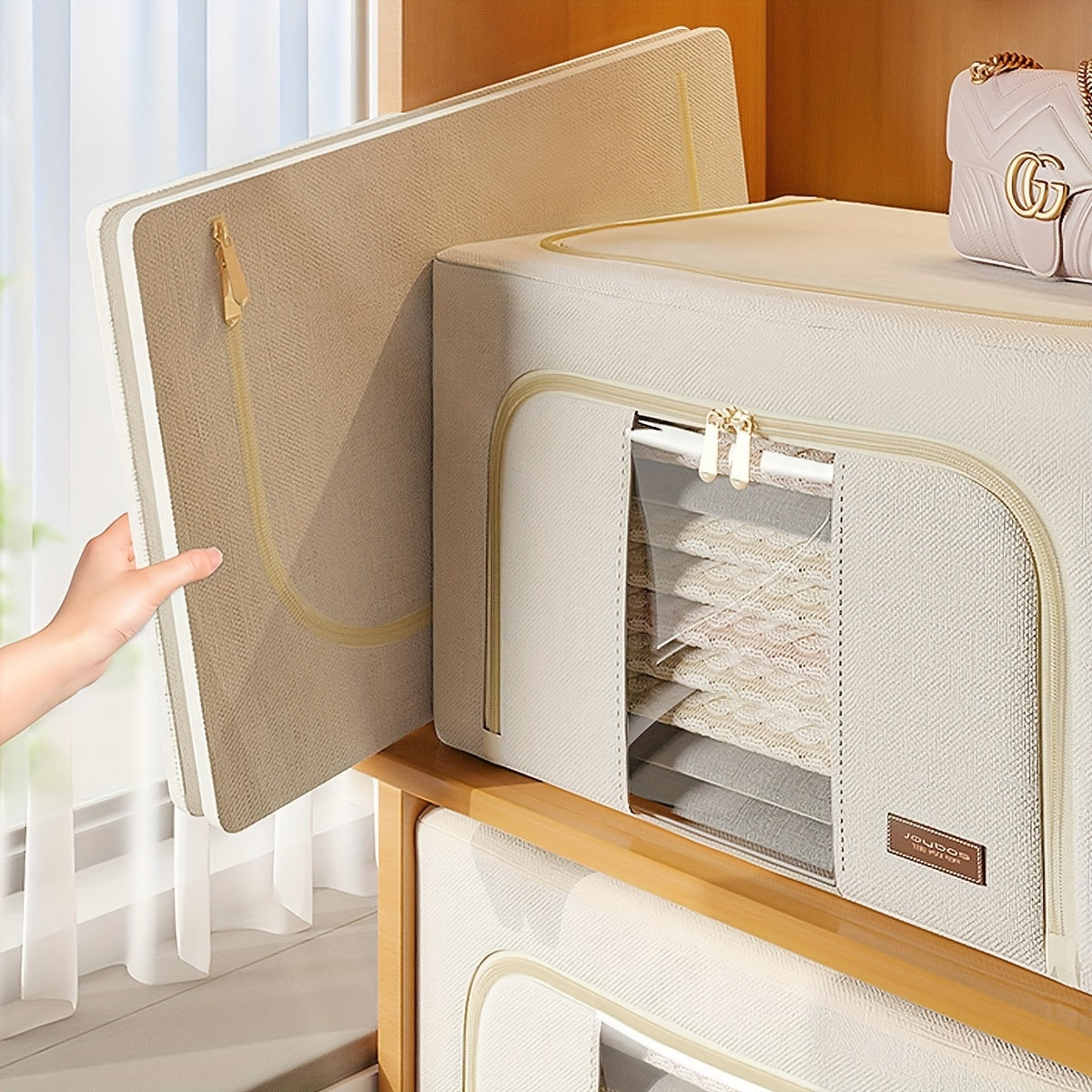 Steel Frame Storage Bins with Reinforced Handle And Clear Window 2pcs Clothes Storage Bins - Foldable Metal Frame Storage Box - Stackable Linen Fabric Organizer Set with Carrying Handles And Clear Window, Under-Bed Storage