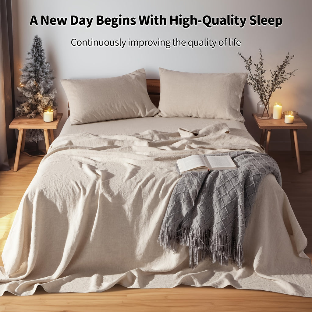 4pcs Premium Linen Sheets, Linen- Blend, Breathable And Durable Queen Size Bed Sheets, Tear-Resistant, Machine Washable, 16\