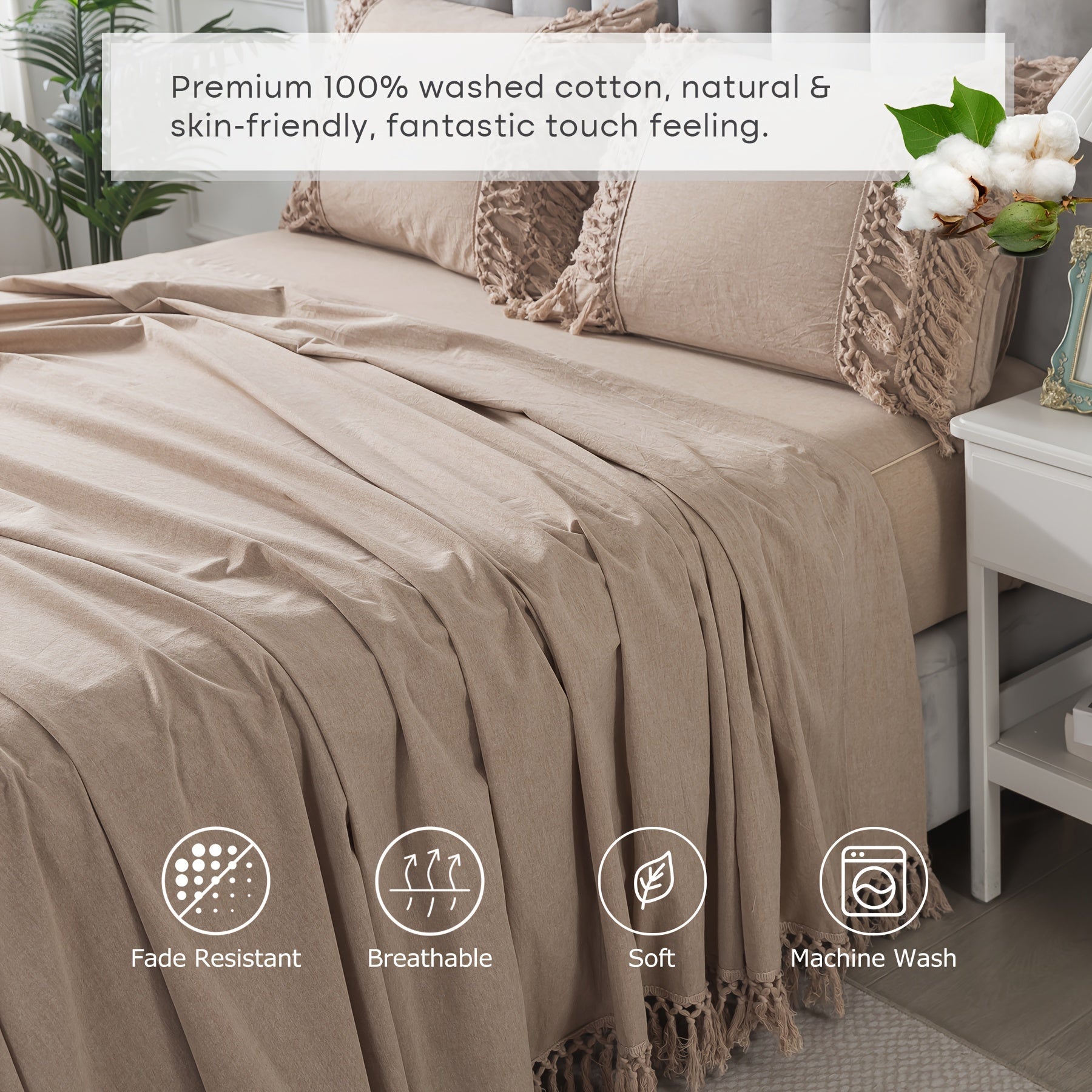 4Pcs 100% Washed Cotton Boho Style Candy Coffee Color Sheet Set, Shabby Decorative Tassels Chic Fitted Sheet Set, Soft Breathable Aesthetic Bed Sheets, Luxury Elegant House Bedding Set, (1 Flat Sheet, 1 Fitted Sheet, 2 Pillowcases)