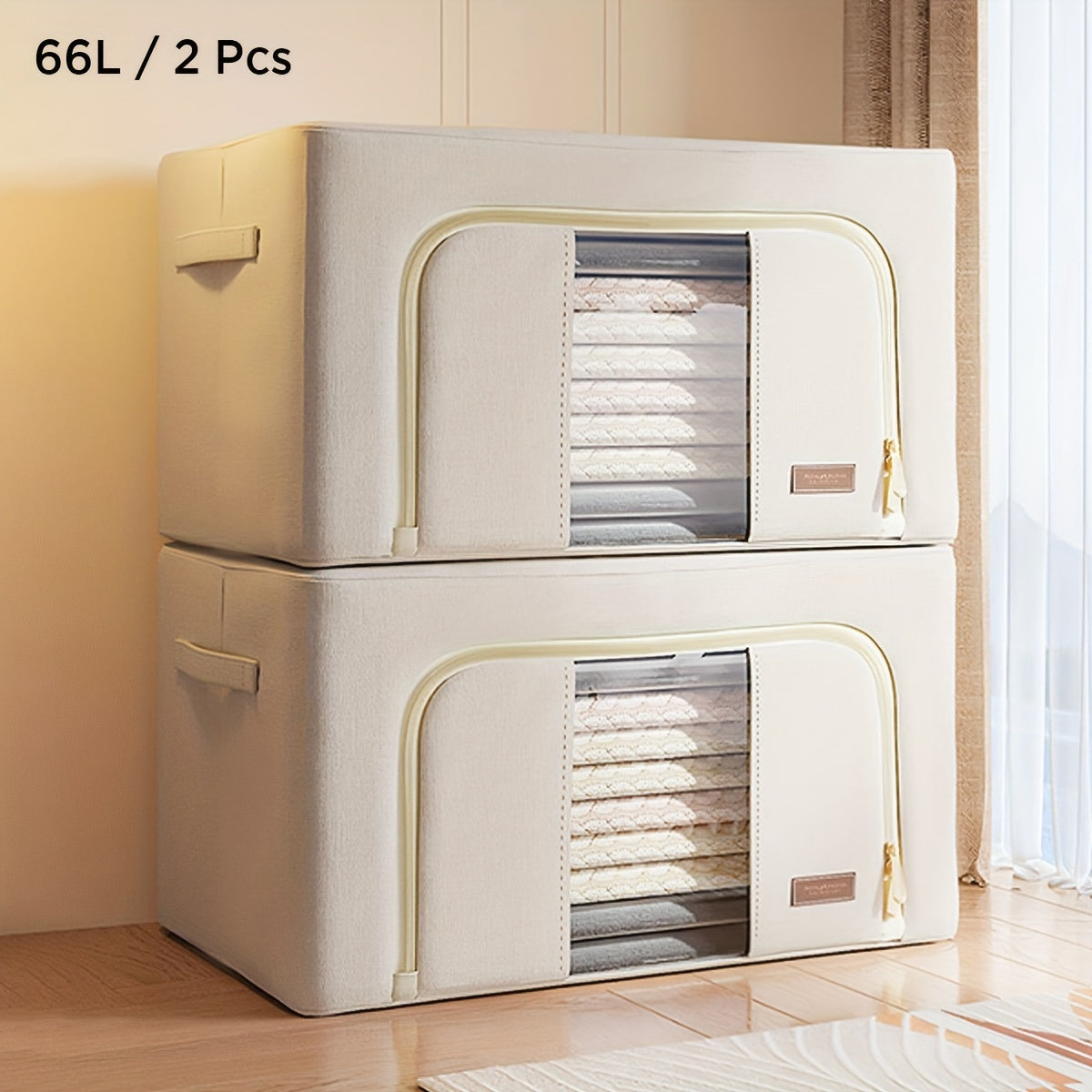 Steel Frame Storage Bins with Reinforced Handle And Clear Window 2pcs Clothes Storage Bins - Foldable Metal Frame Storage Box - Stackable Linen Fabric Organizer Set with Carrying Handles And Clear Window, Under-Bed Storage