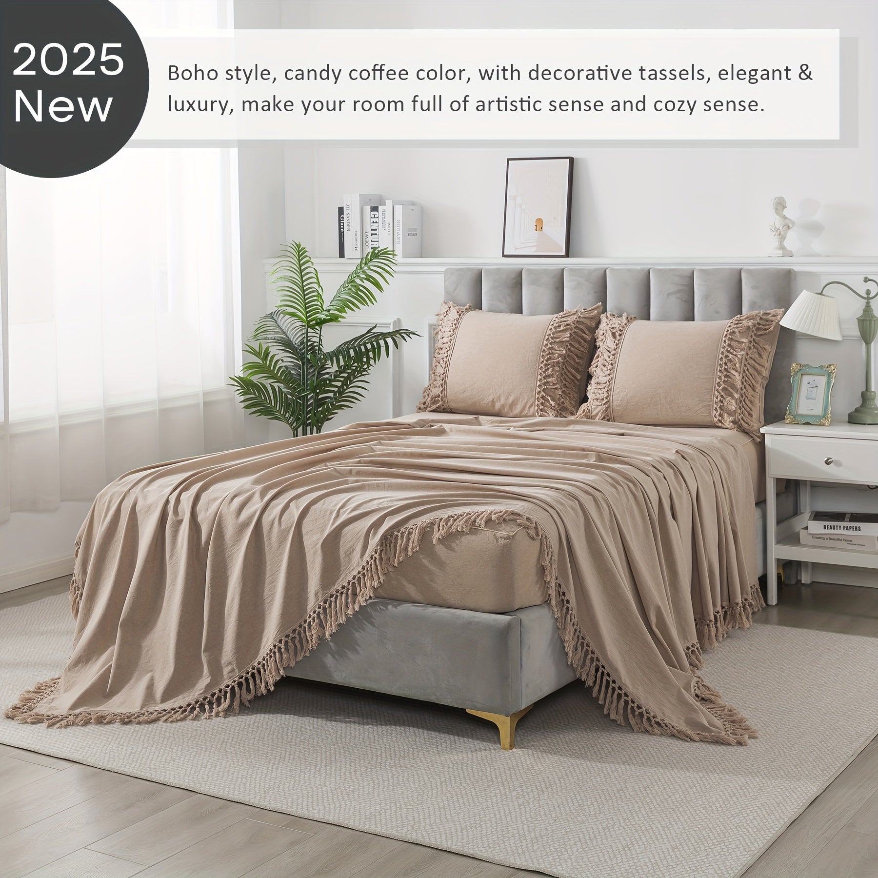 4Pcs 100% Washed Cotton Boho Style Candy Coffee Color Sheet Set, Shabby Decorative Tassels Chic Fitted Sheet Set, Soft Breathable Aesthetic Bed Sheets, Luxury Elegant House Bedding Set, (1 Flat Sheet, 1 Fitted Sheet, 2 Pillowcases)