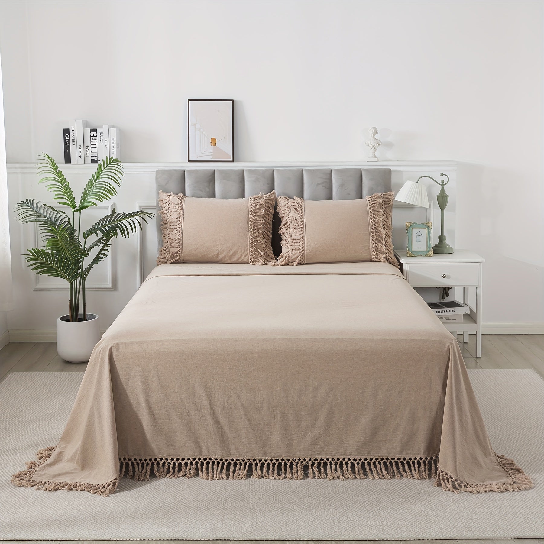 4Pcs 100% Washed Cotton Boho Style Candy Coffee Color Sheet Set, Shabby Decorative Tassels Chic Fitted Sheet Set, Soft Breathable Aesthetic Bed Sheets, Luxury Elegant House Bedding Set, (1 Flat Sheet, 1 Fitted Sheet, 2 Pillowcases)