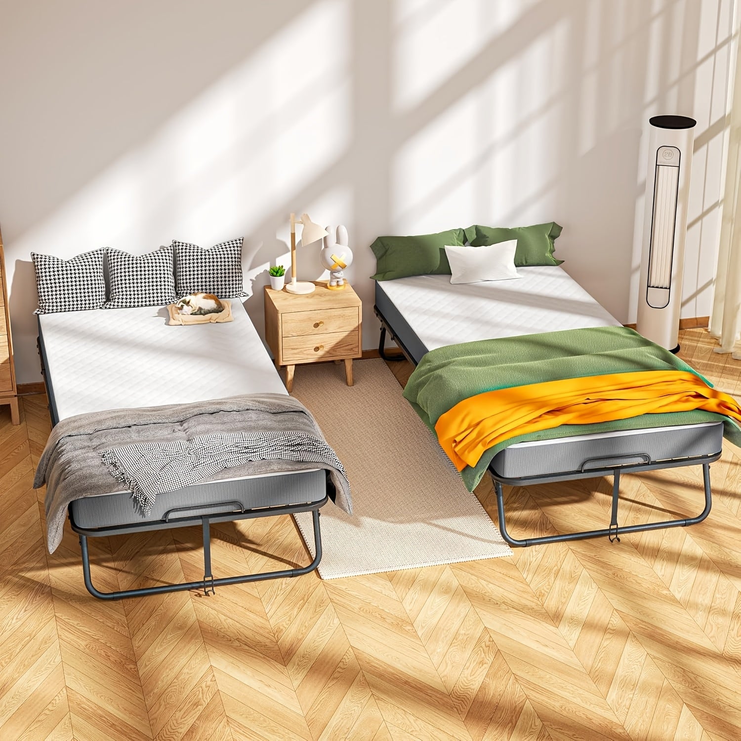 Compact & Durable 4-Section Folding Bed with Grey Fabric Cover - Sturdy Metal Frame, 75\