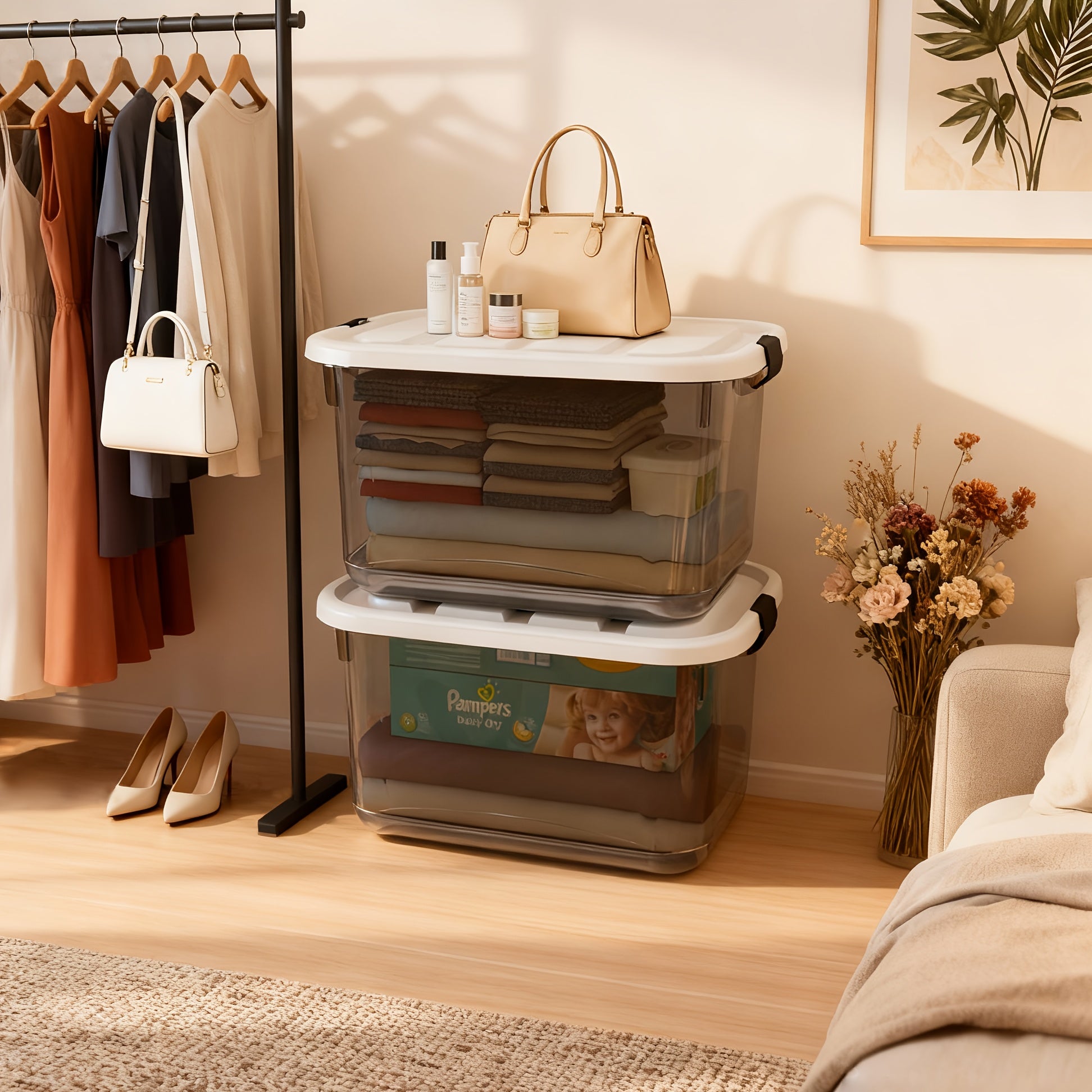 Stackable Storage Containers, 6\u002F4 Pack Clear Plastic Storage Boxes with Locking Buckles for Home Office Closet Organization, Heavy Duty And Space Saving Boxes, Multi-Purpose Locking Design, Closet Garage Kitchen Bathroom, Closet Storage System