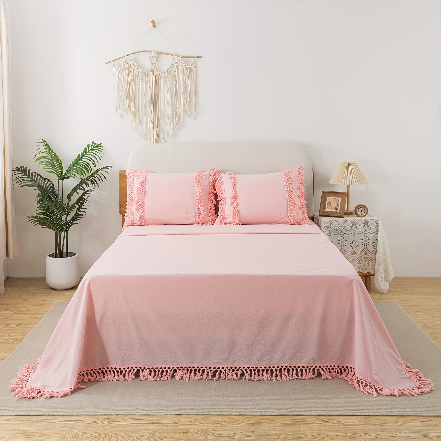 4Pcs 100% Washed Cotton Boho Style Candy Coffee Color Sheet Set, Shabby Decorative Tassels Chic Fitted Sheet Set, Soft Breathable Aesthetic Bed Sheets, Luxury Elegant House Bedding Set, (1 Flat Sheet, 1 Fitted Sheet, 2 Pillowcases)