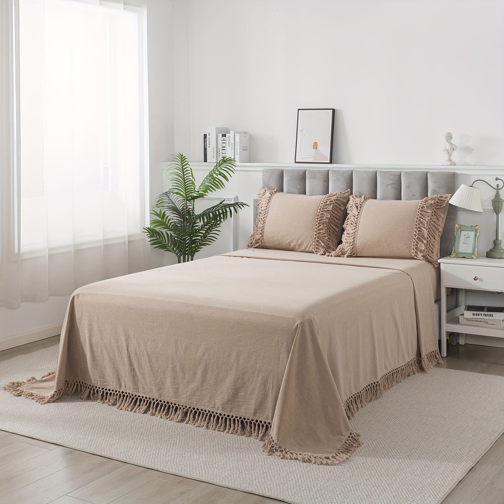 4Pcs 100% Washed Cotton Boho Style Candy Coffee Color Sheet Set, Shabby Decorative Tassels Chic Fitted Sheet Set, Soft Breathable Aesthetic Bed Sheets, Luxury Elegant House Bedding Set, (1 Flat Sheet, 1 Fitted Sheet, 2 Pillowcases)