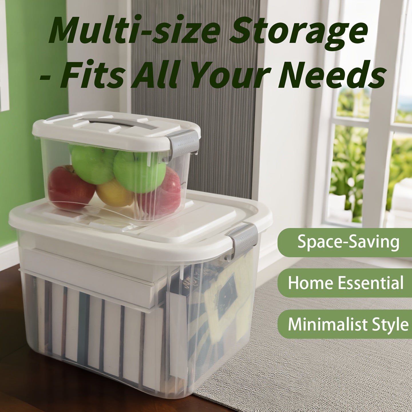 4-Pack Stackable Durable Plastic Storage Boxes | Durable Storage Boxes Clear, High-quality Storage Boxes with Handles and Flaps for Kitchen, Pantry, Bathroom, and Office Organization - Modern, Space-saving Design Storage Containers